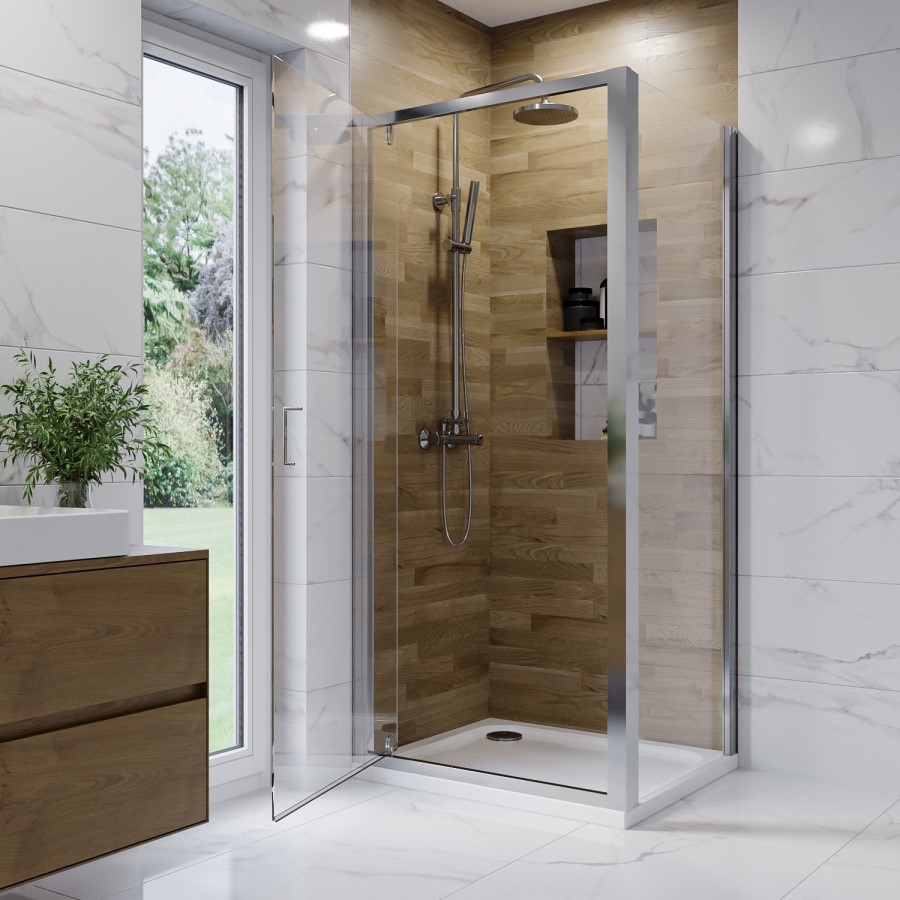 900mm Chrome 6mm Glass Square Hinged Shower Enclosure with Shower Tray - Carina