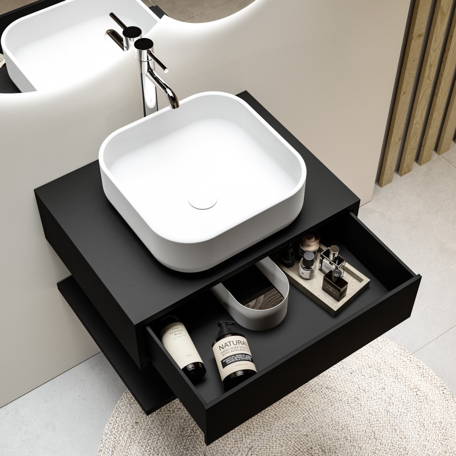 600mm Black Wall Hung Countertop Vanity Unit with Basin and Shelf - Lugo