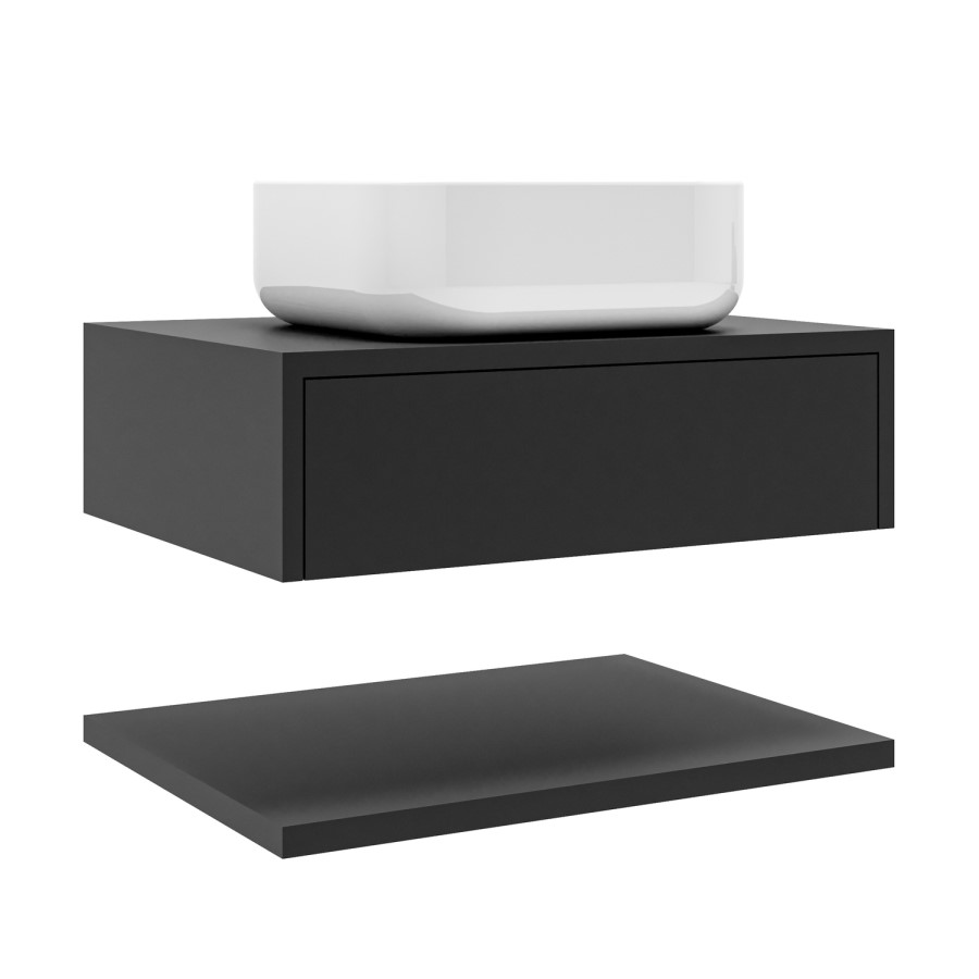 600mm Black Wall Hung Countertop Vanity Unit with Basin and Shelf - Lugo