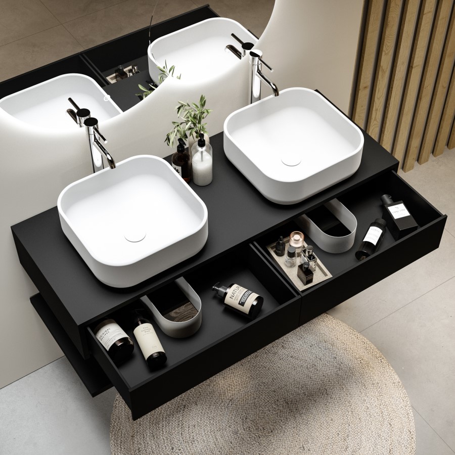1200mm Black Wall Hung Double Countertop Vanity Unit with Basins and Shelf - Lugo