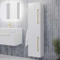 ALMOST PERFECT - Double Door White Wall Hung Tall Bathroom Cabinet with Brushed Brass Handles 350 x 1400mm - Ashford