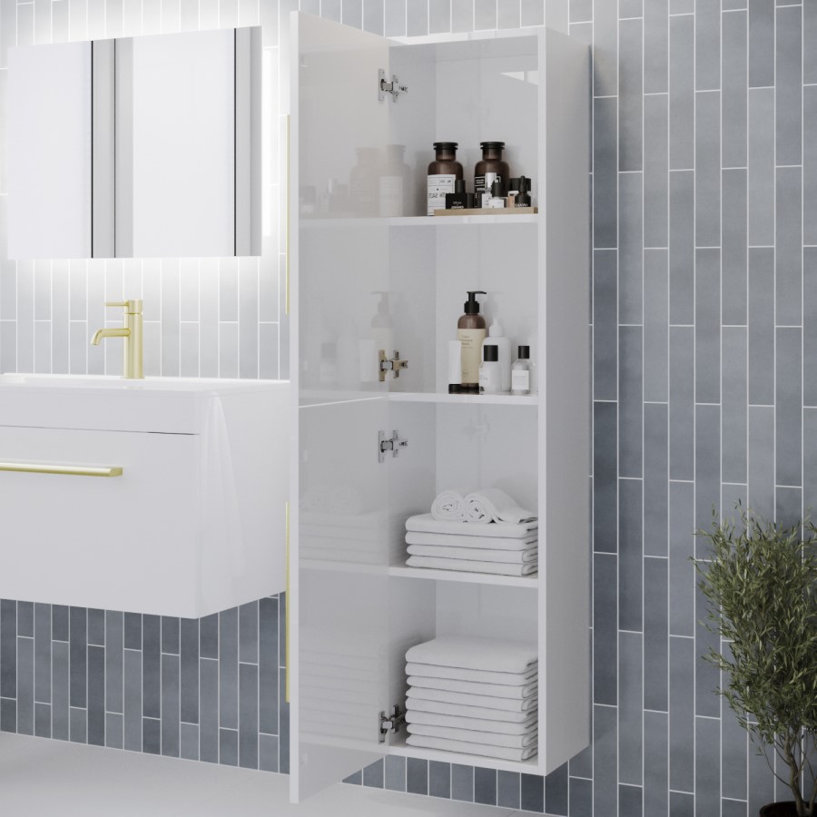 ALMOST PERFECT - Double Door White Wall Hung Tall Bathroom Cabinet with Brushed Brass Handles 350 x 1400mm - Ashford