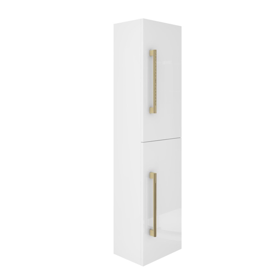 ALMOST PERFECT - Double Door White Wall Hung Tall Bathroom Cabinet with Brushed Brass Handles 350 x 1400mm - Ashford