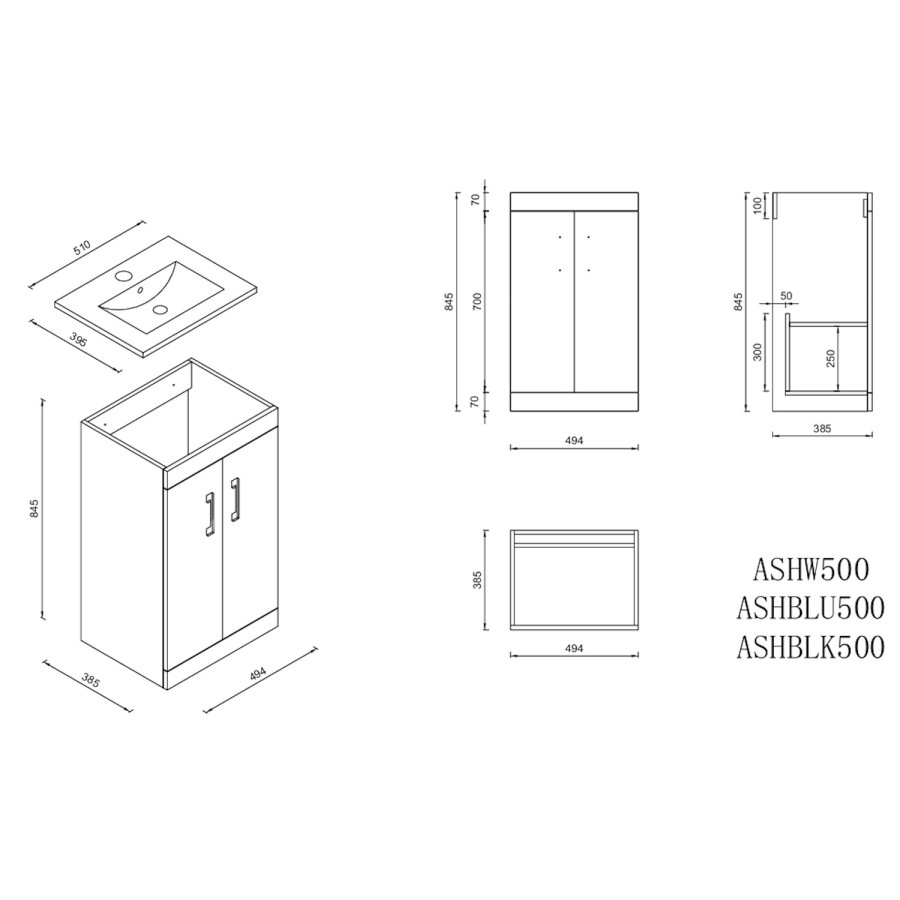 500mm White Freestanding Vanity Unit with Basin and Brass Handles - Ashford