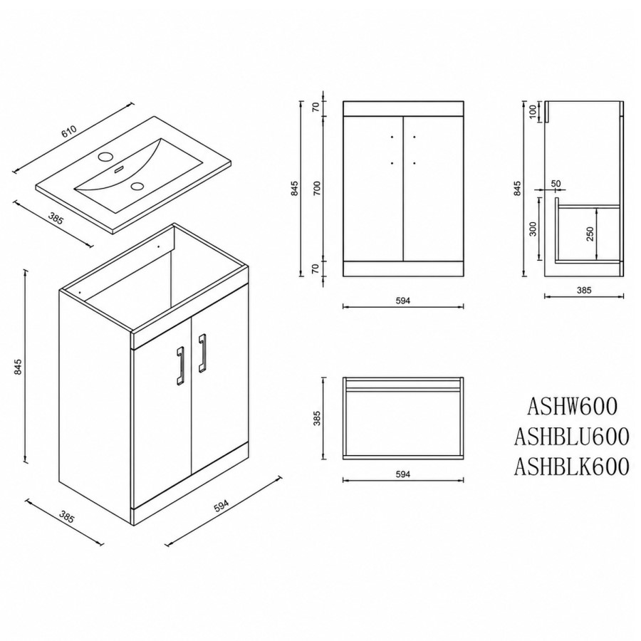 600mm White Freestanding Vanity Unit with Basin and Black Handles - Ashford