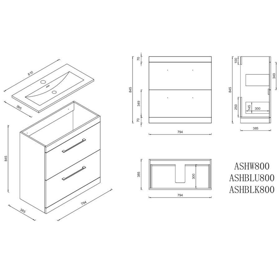 800mm White Freestanding Vanity Unit with Basin and Black Handles - Ashford