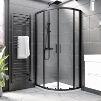 900x760mm Black 8mm Glass Right Hand Offset Quadrant Shower Enclosure with Shower Tray - Pavo