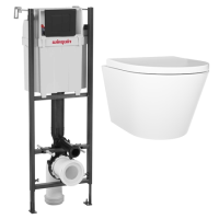 Wall Hung Rimless Toilet with Soft Close Seat, Black Mechanical Flush Plate, 1177mm Wirquin Frame & Cistern – Newport