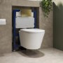 Wall Hung Rimless Toilet with Soft Close Seat, Brushed Brass Pneumatic Flush Plate, 820mm Frame & Cistern – Newport