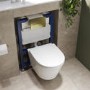 Wall Hung Rimless Toilet with Soft Close Seat, Brushed Brass Pneumatic Flush Plate, 820mm Frame & Cistern – Newport