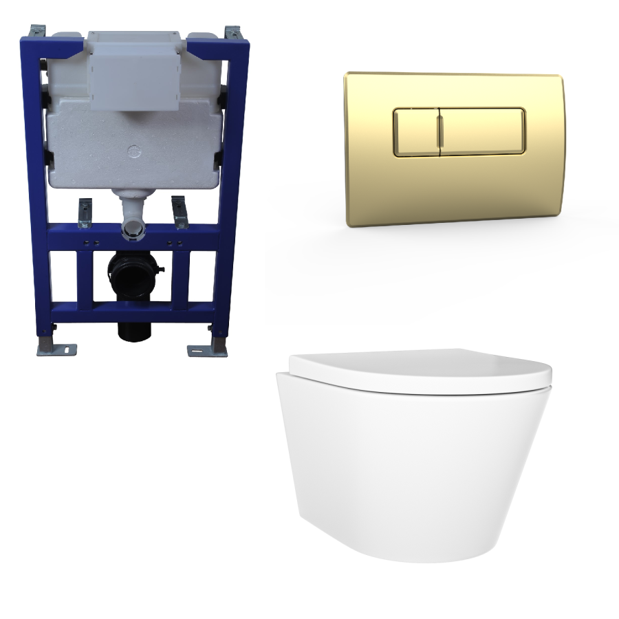 Wall Hung Rimless Toilet with Soft Close Seat, Brushed Brass Pneumatic Flush Plate, 820mm Frame & Cistern – Newport