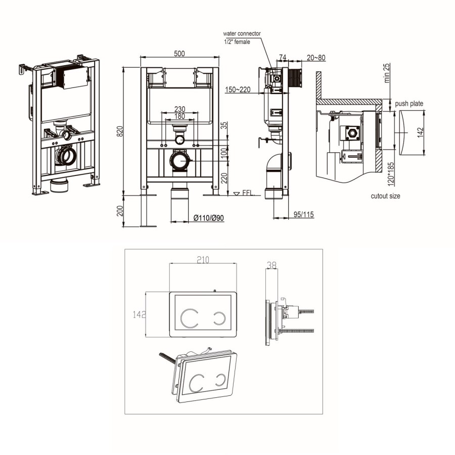 Wall Hung Rimless Toilet with Soft Close Seat, White Glass Sensor Flush Plate, 820mm Frame & Cistern – Newport