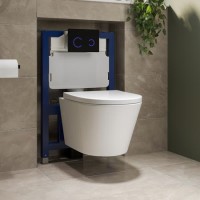 Wall Hung Rimless Toilet with Soft Close Seat, Black Glass Sensor Flush Plate, 820mm Frame & Cistern – Newport
