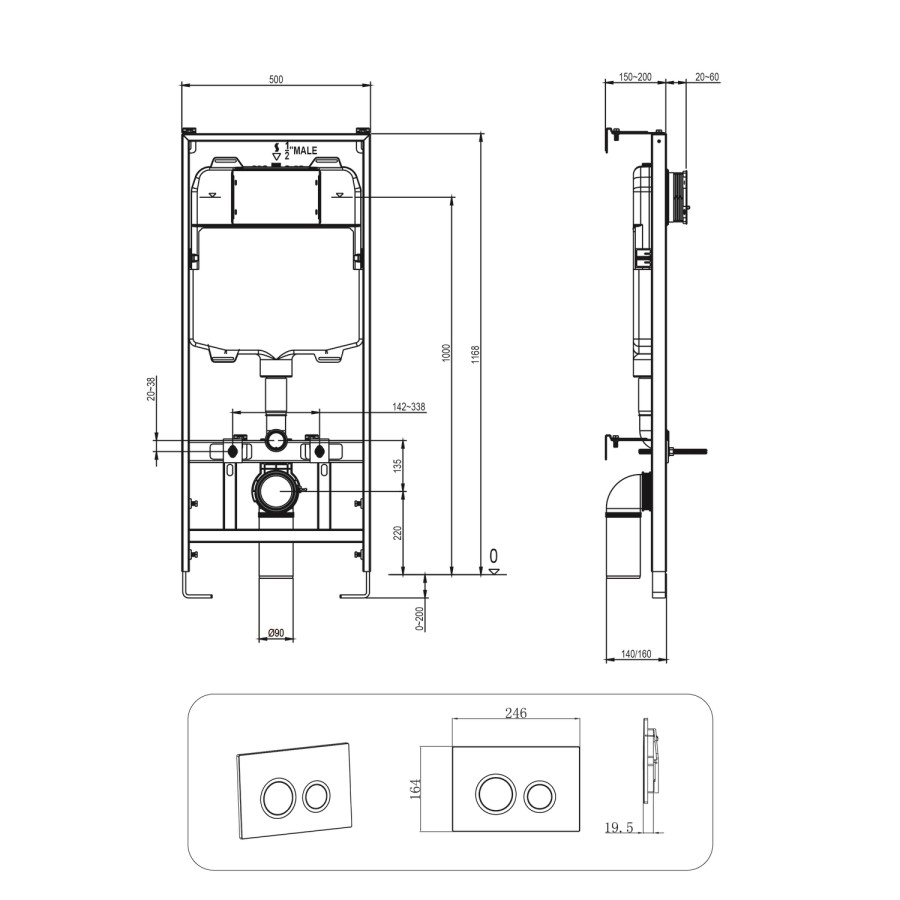 Wall Hung Rimless Toilet with Soft Close Seat, Chrome Mechanical Flush Plate, 1168mm Frame & Cistern – Newport
