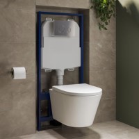 Wall Hung Rimless Toilet with Soft Close Seat, Chrome Mechanical Flush Plate, 1168mm Frame & Cistern – Newport