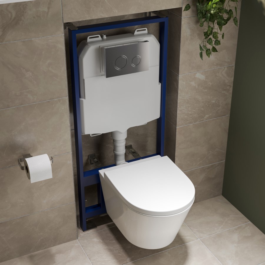 Wall Hung Rimless Toilet with Soft Close Seat, Chrome Mechanical Flush Plate, 1168mm Frame & Cistern – Newport
