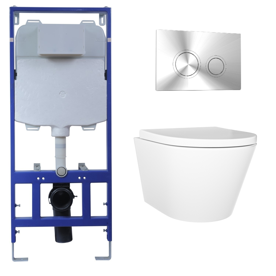 Wall Hung Rimless Toilet with Soft Close Seat, Chrome Mechanical Flush Plate, 1168mm Frame & Cistern – Newport