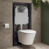 Wall Hung Rimless Toilet with Soft Close Seat, Chrome Pneumatic Flush Plate, 1168mm Frame & Cistern – Newport