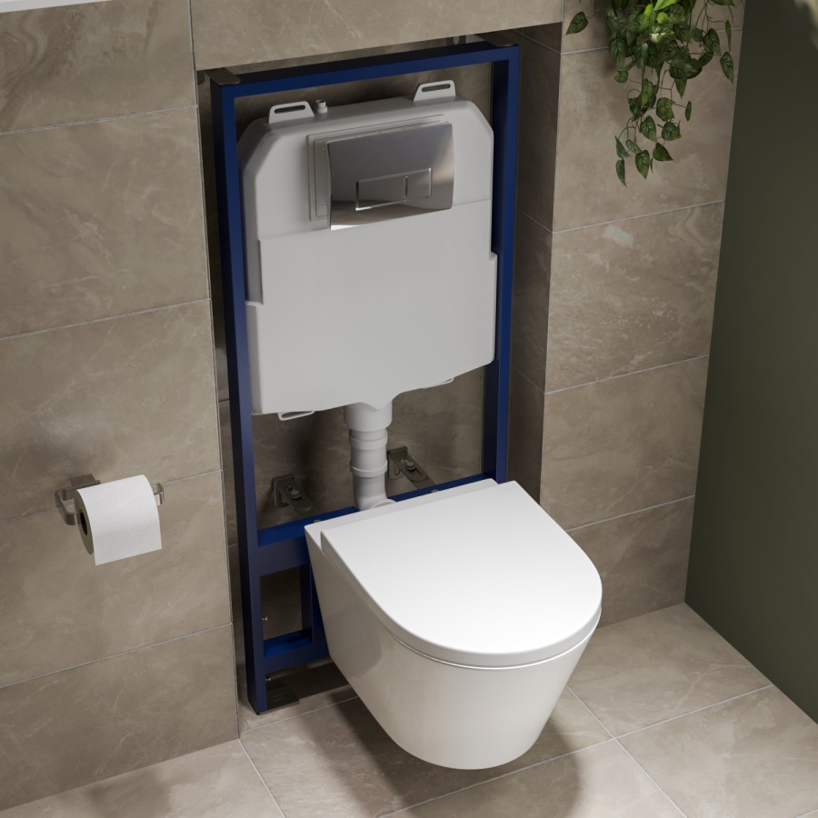 Wall Hung Rimless Toilet with Soft Close Seat, Chrome Pneumatic Flush Plate, 1168mm Frame & Cistern – Newport