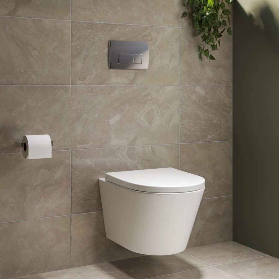 Wall Hung Rimless Toilet with Soft Close Seat, Chrome Pneumatic Flush Plate, 1168mm Frame & Cistern – Newport