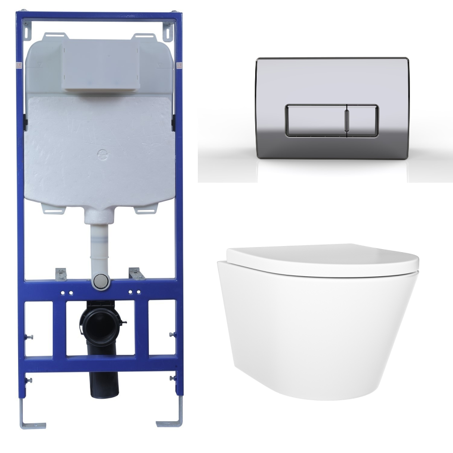 Wall Hung Rimless Toilet with Soft Close Seat, Chrome Pneumatic Flush Plate, 1168mm Frame & Cistern – Newport