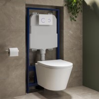 Wall Hung Rimless Toilet with Soft Close Seat, White Glass Sensor Flush Plate, 1168mm Frame & Cistern – Newport
