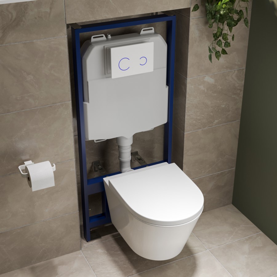 Wall Hung Rimless Toilet with Soft Close Seat, White Glass Sensor Flush Plate, 1168mm Frame & Cistern – Newport