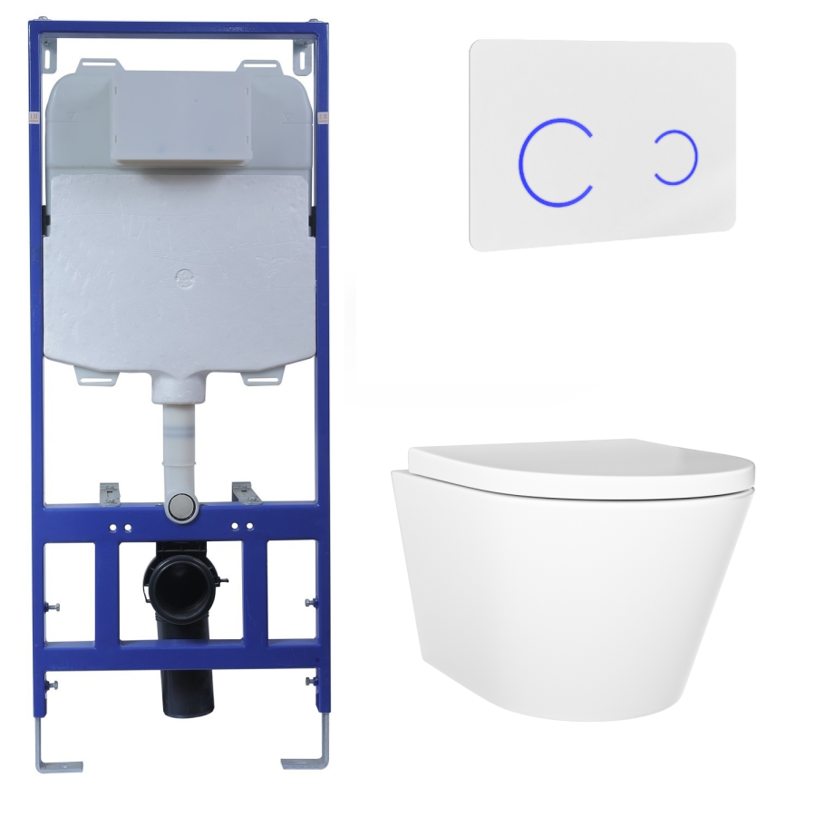 Wall Hung Rimless Toilet with Soft Close Seat, White Glass Sensor Flush Plate, 1168mm Frame & Cistern – Newport