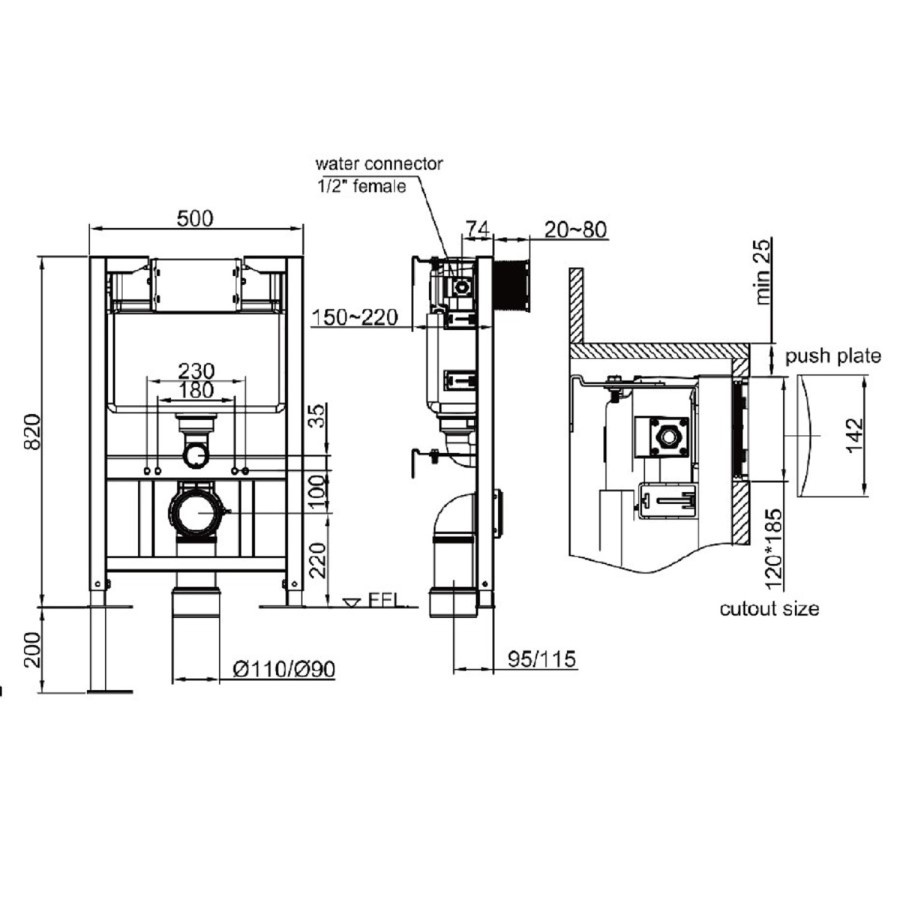 Wall Hung Rimless Toilet with Soft Close Seat, Brushed Bronze Pneumatic Flush Plate, 820mm Frame & Cistern – Roma