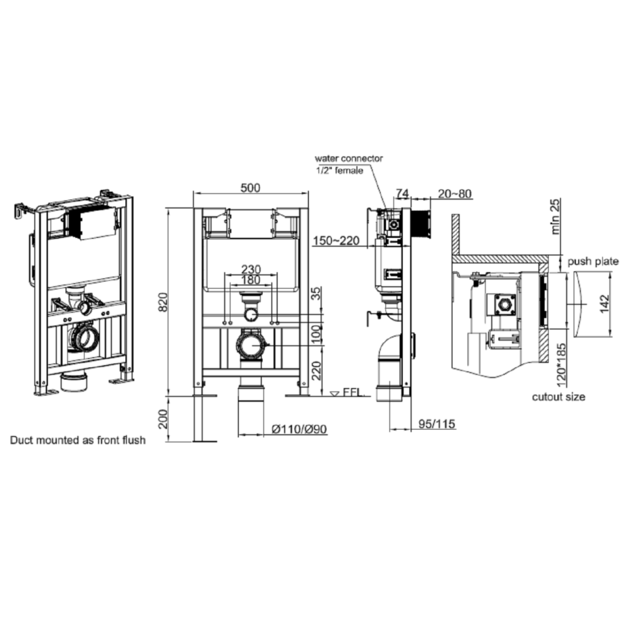 ONLY OPENED - Concealed Cistern 1170mm Pneumatic Frame with Brushed Brass Flush Plate - Elira
