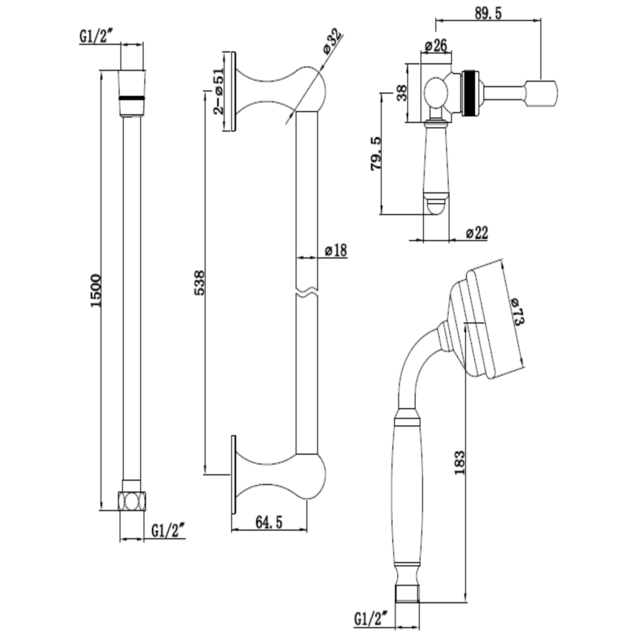 Black 2 Outlet Wall Mounted Thermostatic Mixer Shower Set with Hand Shower - Cambridge
