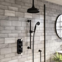 Black 2 Outlet Ceiling Mounted Thermostatic Mixer Shower Set with Hand Shower - Cambridge