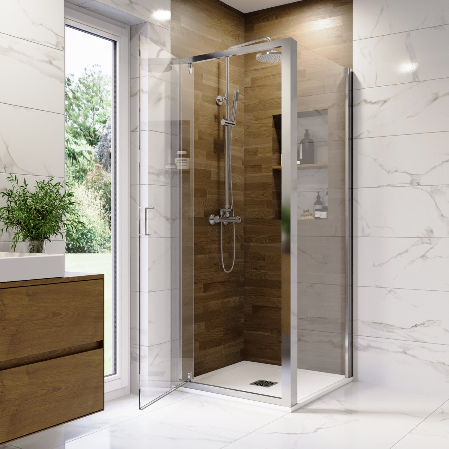 800mm Chrome 6mm Glass Square Hinged Shower Enclosure with Low Profile Shower Tray - Carina