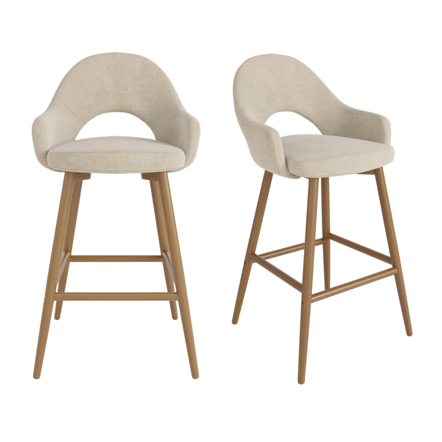Set of 2 Oak and Beige Upholstered Kitchen Stools with Back - Colbie