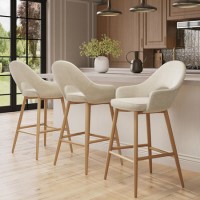 Set of 3 Oak and Beige Upholstered Kitchen Stools with Back - Colbie