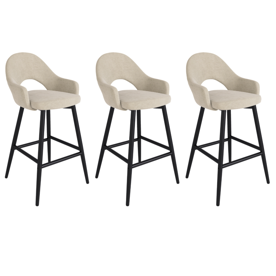 Set of 3 Black and Beige Upholstered Kitchen Stools with Back - Colbie