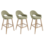 Set of 3 Oak and Sage Green Velvet Kitchen Stools with Back - Colbie