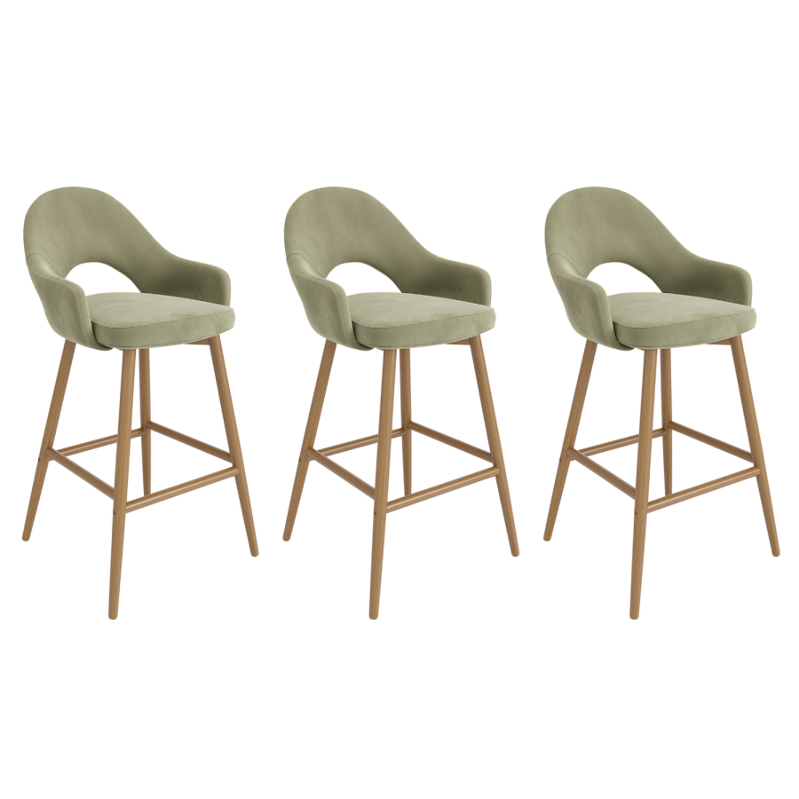 Set of 3 Oak and Sage Green Velvet Kitchen Stools with Back - Colbie