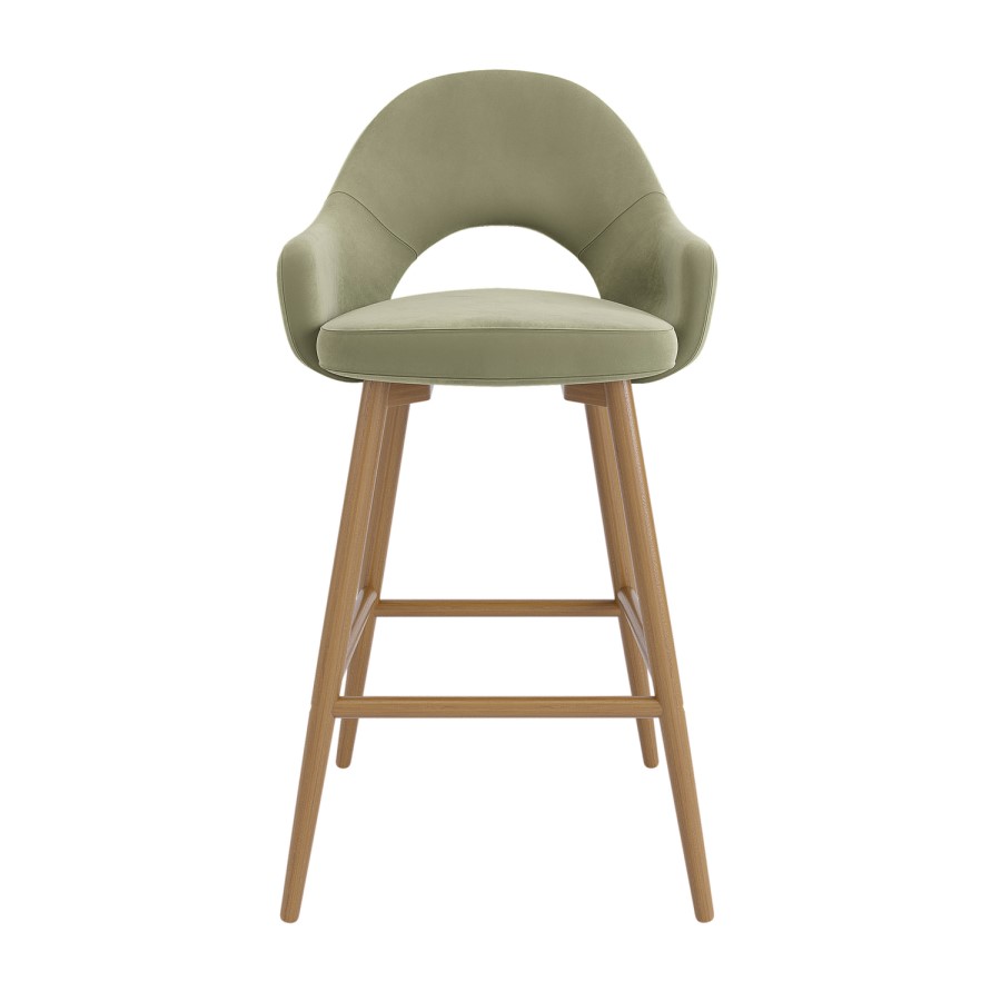 Oak and Sage Green Velvet Kitchen Stool with Back - Colbie