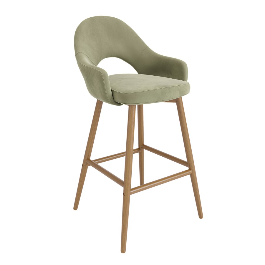 Oak and Sage Green Velvet Kitchen Stool with Back - Colbie