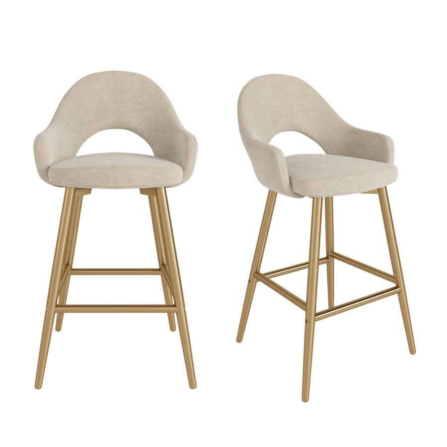 Set of 2 Gold and Beige Upholstered Kitchen Stools with Back - Colbie