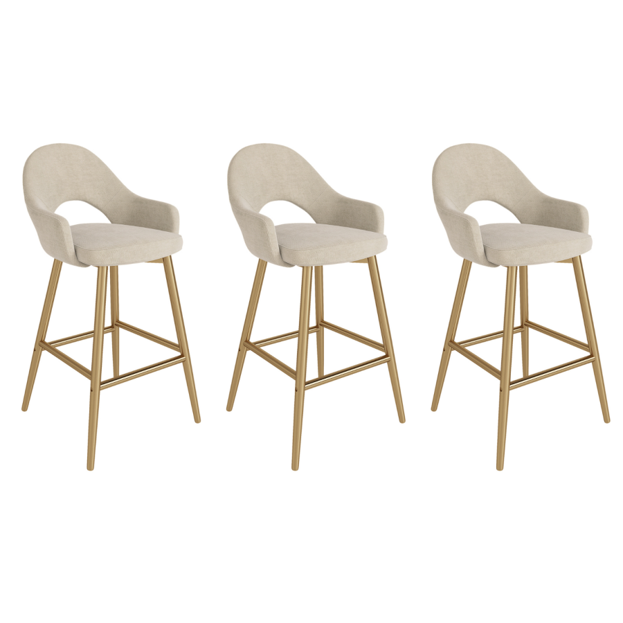 Set of 3 Gold and Beige Upholstered Kitchen Stools with Back - Colbie