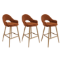 Set of 3 Oak and Burnt Orange Upholstered Kitchen Stools with Back - Colbie