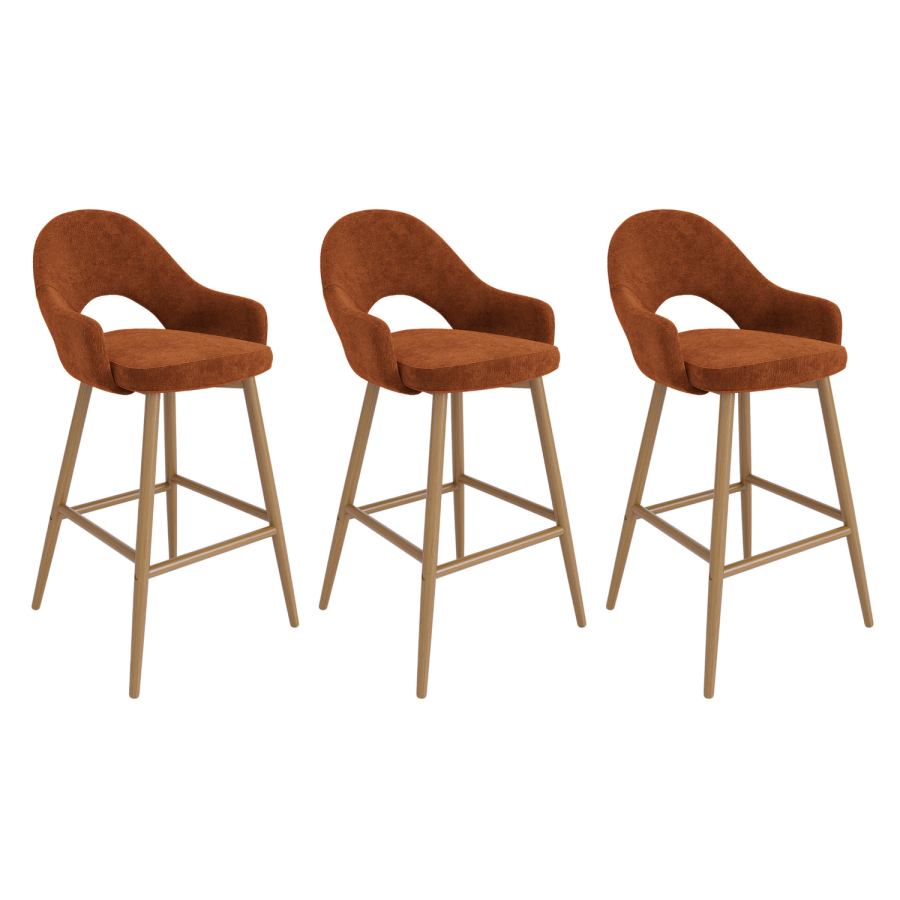 Set of 3 Oak and Burnt Orange Upholstered Kitchen Stools with Back - Colbie