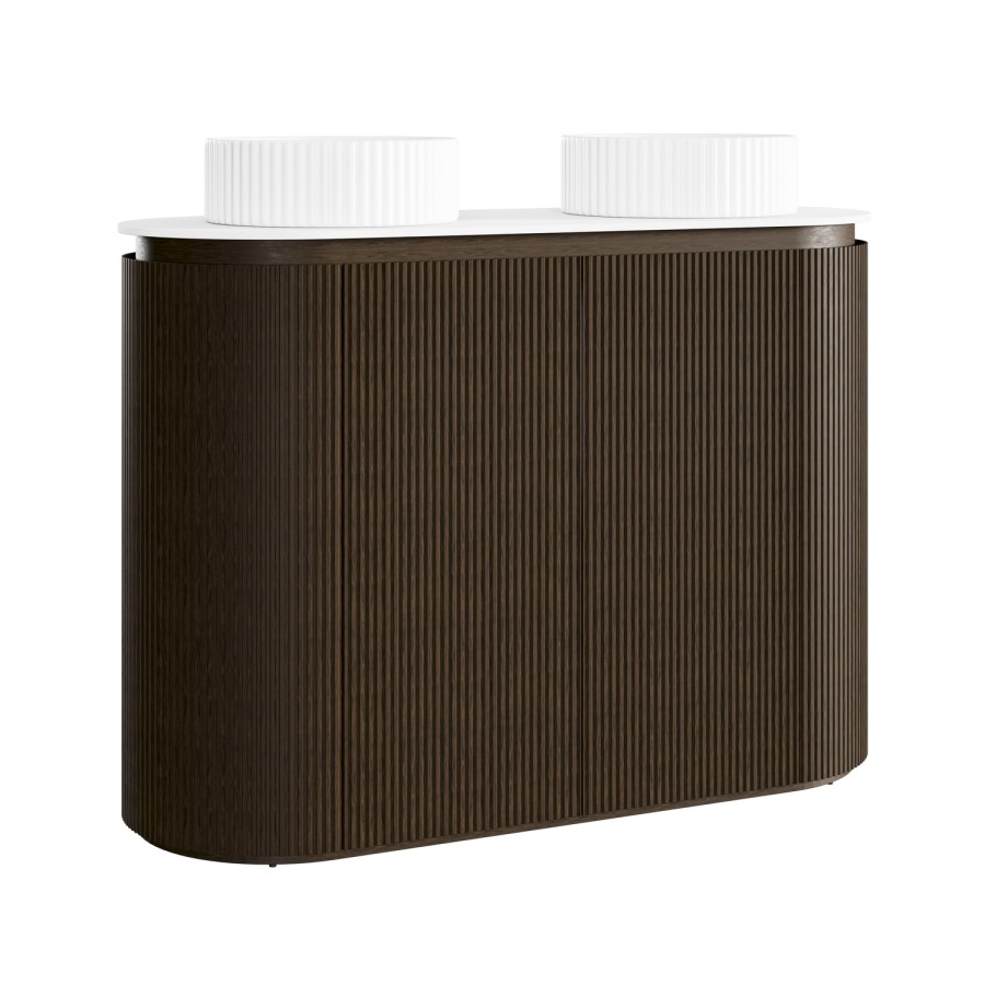 1200mm Walnut Wood Effect Curved Fluted Freestanding Double Countertop Vanity Unit with Basin - Matira