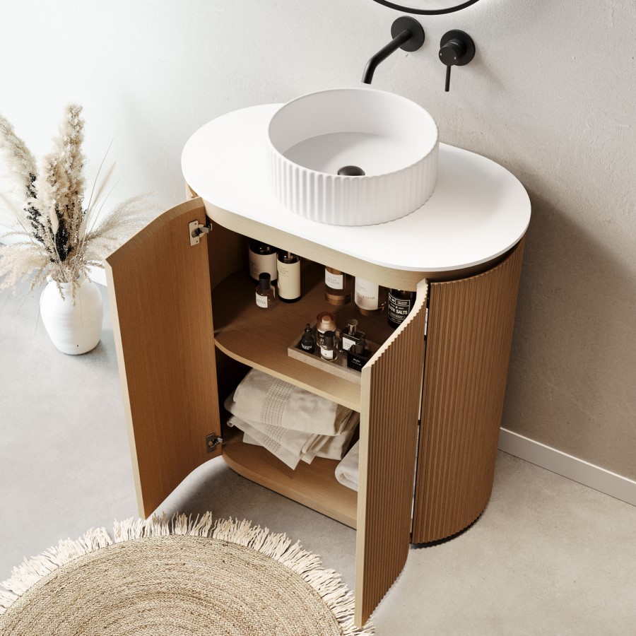 800mm Wooden Curved Fluted Freestanding Countertop Vanity Unit with Basin - Matira