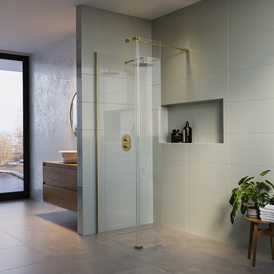 1000mm Brushed Brass Shower Screen for Wet Room & Walk In Shower with 300mm Hinged Flipper Return Panel – Corvus