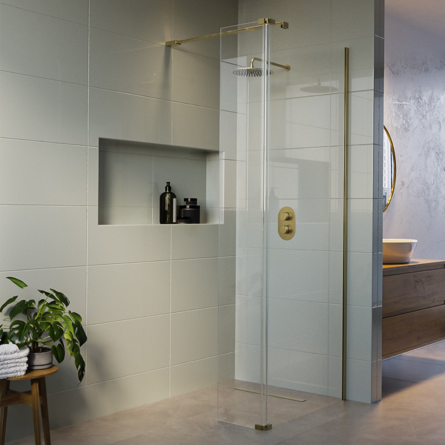 900mm Brushed Brass Shower Screen for Wet Room & Walk In Shower with 300mm Hinged Flipper Return Panel – Corvus