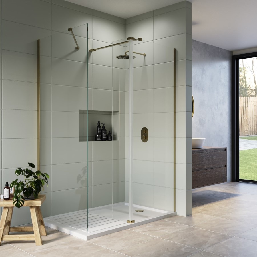 1400x900mm Brushed Brass Walk-In Shower Screen Enclosure with 300mm Hinged Flipper Return Panel and Shower Tray – Corvus