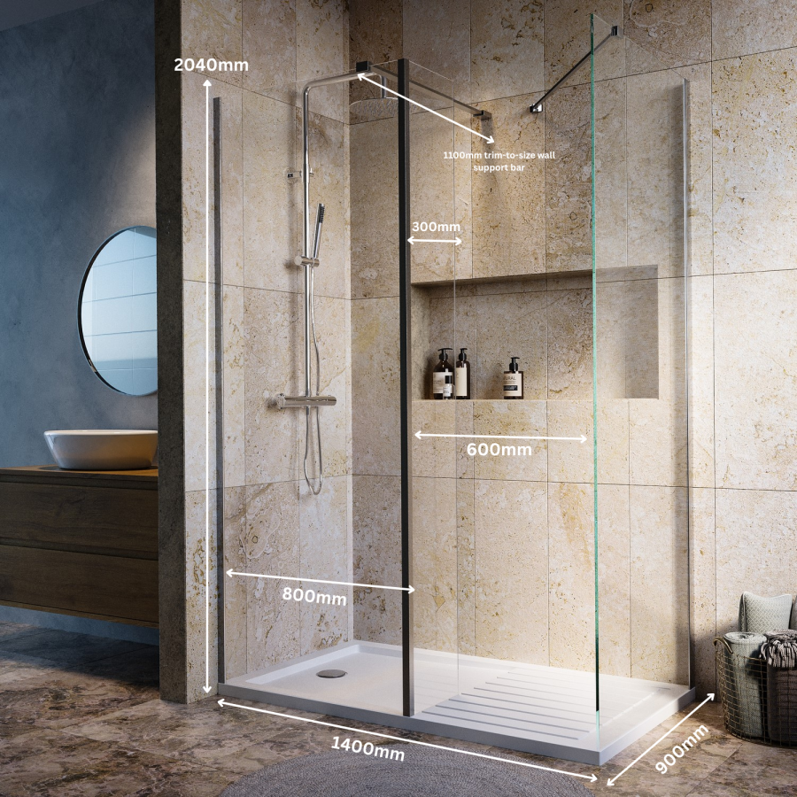 1400x900mm Brushed Nickel Walk-In Shower Screen Enclosure with Hinged Flipper Return Panel – Corvus